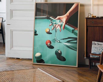 Vintage Martini Pool Poster Art, Retro Billiards Oil Painting Art, Lucky 8 Ball Print