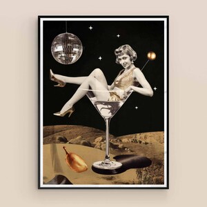 Martini Print Retro Poster, Vintage Cocktail Print, surreale Collage Wandkunst
