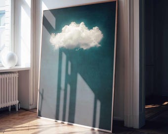 Stampa di nuvole surreali - Poster minimalista, arte murale verde acqua, dipinto vintage malinconico