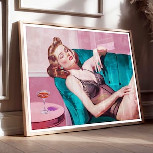Woman on Couch Print - Cocktail Art, Bar Cart Decor, Trendy Kitchen Poster