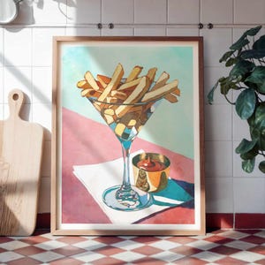 Frytki w szkle Martini - martwa natura, malarstwo olejne, koktajl, kuchnia, sztuka ścienna do baru