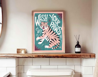 Wash Your Paws Tiger Print – Fun & Funky Bathroom Framed Wall Art