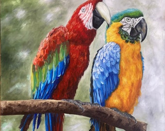 Perroquets ,Peinture originale faite à  main avec la techniques de couleurs à l’huile sur toile tendue.