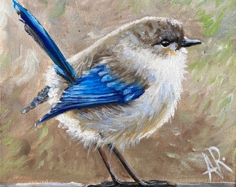 Peinture de petit oiseau à l’huile sur carton entoilé