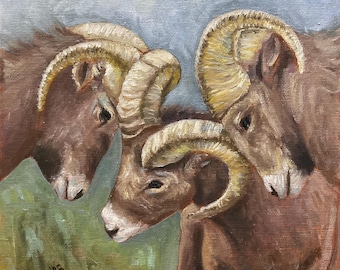 Mouflons, oil painting on canvas board.