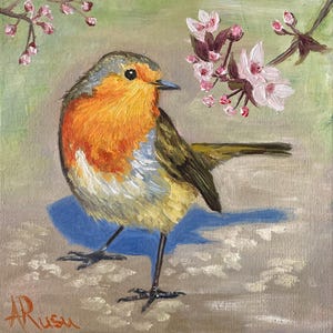 Rouge gorge, peinture à l’huile de petit oiseau sur carton entoile  ,œuvre d’arte ,cadeau idéal coloré en miniature !