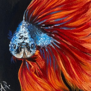 Poisson rouge, Peinture originale à l’huile faite à la main sur carton entoilé