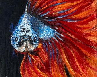 Poisson rouge, Peinture originale à l’huile faite à la main sur carton entoilé