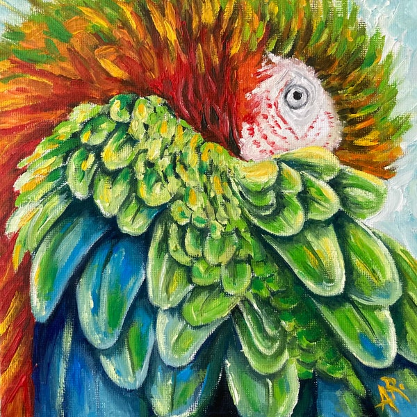 Perroquet, peinture de oiseau originale à huile faite à la main sur carton entoilé