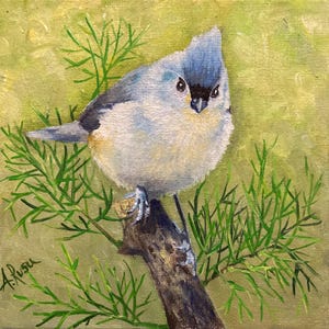 Mésange touffue,peinture à l’huile sur carton entoile  , œuvre d’arte ,cadeau idéal coloré en miniature !