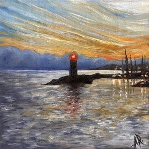 Phare de Menton, peinture de paysage peinture originale à l’huile sur carton entoilé
