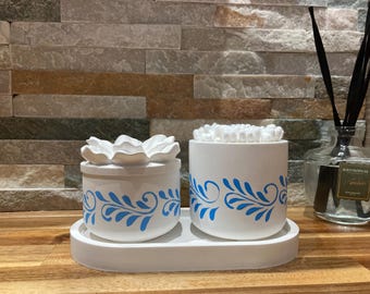 Hand-painted bathroom set, organizer for cotton buds and discs and oval tray, interior decoration.