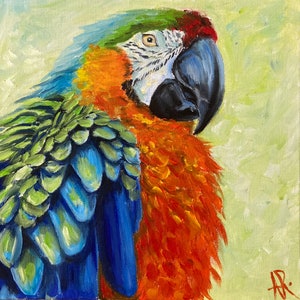 Perroquet Ara, peinture de oiseau à l’huile sur carton entoilé