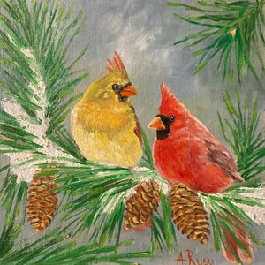 Couple Cardinals,peinture à l’huile sur carton entoile  , œuvre d’arte ,cadeau idéal coloré en miniature !