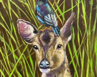 Roe deer, oil painting on canvas board.