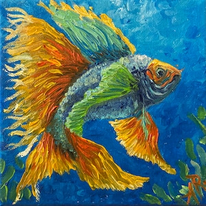Poisson coloré, peinture originale à l’huile sur carton entoilé