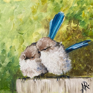 Innamorati, peinture de oiseaux à l’huile sur carton entoilé