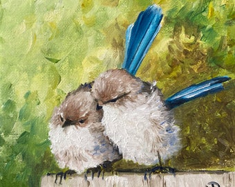 Innamorati, peinture de oiseaux à l’huile sur carton entoilé