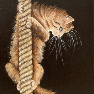 Chaton sur la corde,peinture à l’huile de chaton sur carton entoile  , œuvre d’arte ,cadeau idéal coloré en miniature !