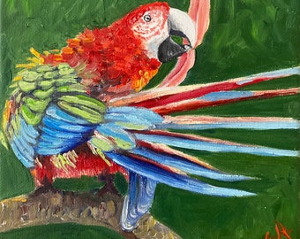 Perroquet Ara, peinture à l’huile de oiseau sur carton entoilé