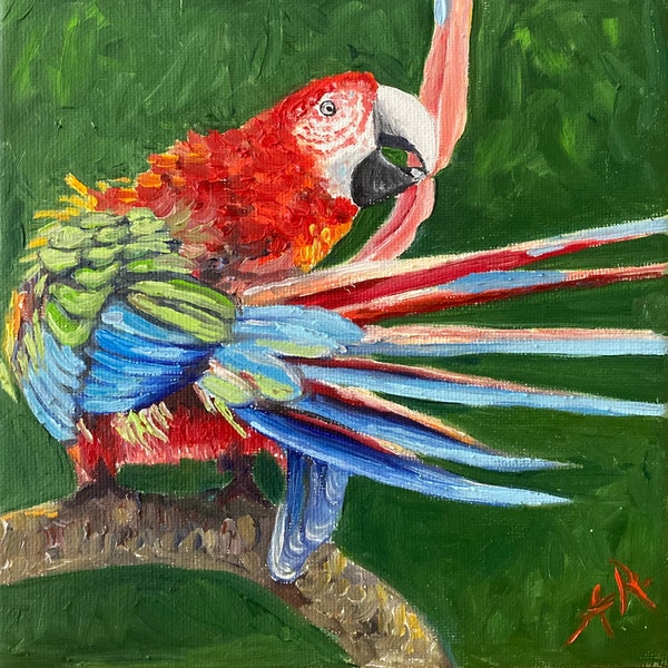 Perroquet Ara, peinture à l’huile de oiseau sur carton entoilé