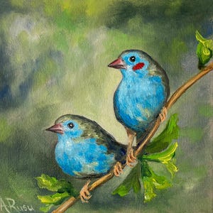 Cordon bleu à tète bleue ,peinture à l’huile  de petits oiseaux sur carton entoile  ,œuvre d’arte ,cadeau idéal coloré en miniature !