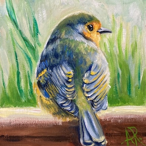 Peinture originale de petit oiseau à l’huile sur carton entoilé