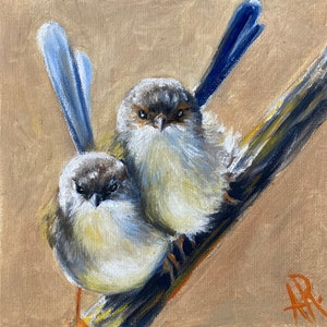 Peinture de petits oiseaux à l’huile faite à la main sur carton entoilé