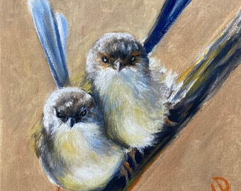 Peinture de petits oiseaux à l’huile faite à la main sur carton entoilé