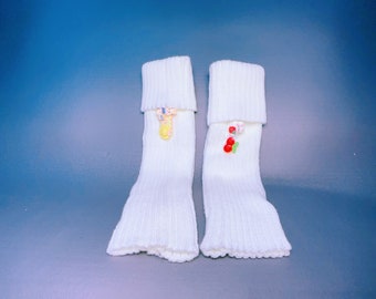 Handcrafted Long Leg Warmers for Women: Elegant Solid Color, Ribbed Knit, with Cream Pendant
