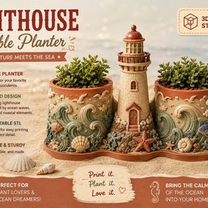 May include: A lighthouse double planter featuring two cylindrical pots connected by a central lighthouse structure. The exterior is decorated with relief carvings of ocean waves, seashells, and fish. The lighthouse has a brown roof and door.