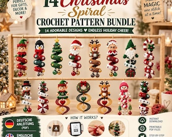 May include: A digital bundle of 14 Christmas spiral crochet patterns featuring various holiday characters like Santa, elves, reindeer, and snowmen. The image displays the finished crocheted ornaments hanging on a wooden rack with instructional text.