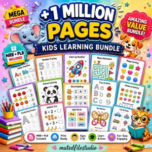 May include: A digital kids learning bundle featuring over 1 million pages of educational activities including number tracing, color by number, mazes, shape sorting, letter practice, animal coloring, word building, and math worksheets with cute animal illustrations.
