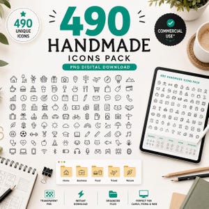 Puede incluir: Un paquete de descarga digital que contiene 490 iconos únicos hechos a mano en formato PNG. La colección presenta ilustraciones de línea negra de varios objetos, incluyendo símbolos de naturaleza, tecnología y negocios en una pantalla de tablet.