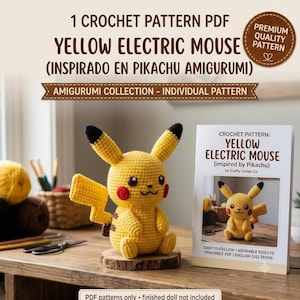 Puede incluir: Un muñeco amigurumi de ganchillo amarillo con orejas de puntas negras, mejillas rojas y una cola en forma de rayo, junto a un folleto de patrón impreso titulado Yellow Electric Mouse (inspired by Pikachu) by Crafty Loops Co.