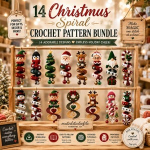 May include: A digital display of 14 Christmas spiral crochet patterns featuring various holiday characters like elves, snowmen, reindeer, and trees. The text reads 14 Christmas Spiral Crochet Pattern Bundle, Make Magic one stitch at a time, and mutedstudiofile. The designs are arranged on a wooden rack with icons indicating instant download, easy to follow patterns, detailed tutorials, and printable PDF files.