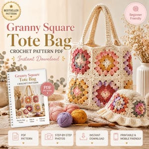 May include: A crochet granny square tote bag and matching bucket hat made with cream, pink, yellow, and purple yarn. A spiral-bound PDF pattern booklet titled Granny Square Tote Bag is displayed alongside balls of yarn and a wooden crochet hook.