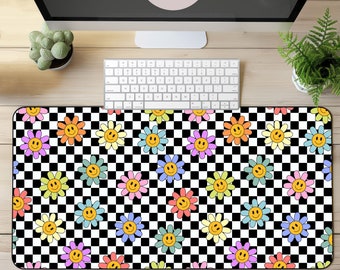Niedliche Schreibtischmatte, Lehrerschreibtischmatte, schwarzweiß karierte glückliche Gesichtsblumenlehrer-Schreibtischmatte, Lehrer Mousepad, Lehrer-Tastaturmatte