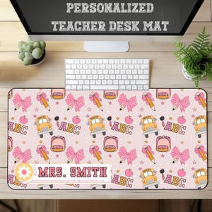 Personalized Teacher Desk Mat, Pencil Bow Desk Mat Coquette Teacher Desk Mat, Coquette Mousepad, Teacher Keyboard Mat, Custom Name Desk Mat