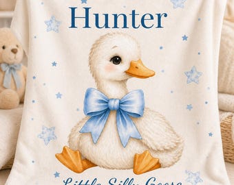 Personalized Boy Goose Baby Blanket Custom Name Blanket Little Silly Goose Nursery Blanket Baby Shower Gift Boy Blue Blanket