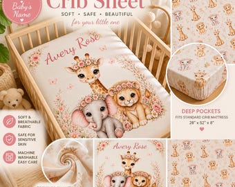 Personalisiertes Baby Mädchen Bettlaken, Safari Kinderzimmer Bettwäsche, Giraffe Elefant Löwe Blumen Spannbettlaken, Benutzerdefiniertes Namenslaken, rosa Boho Kinderzimmer