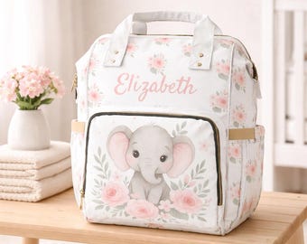 Personalized Elephant Diaper Bag Sweet Girl Baby Bag with Name Floral Elephant Design Custom Baby Shower Gift for Mom Cute Nursery Accessory
