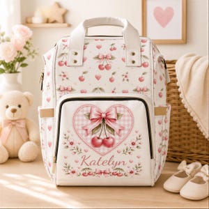 Personalized Cherry Bow Diaper Bag, Custom Baby Name Backpack, Pink Gingham Heart Nursery Tote, Baby Shower Gift