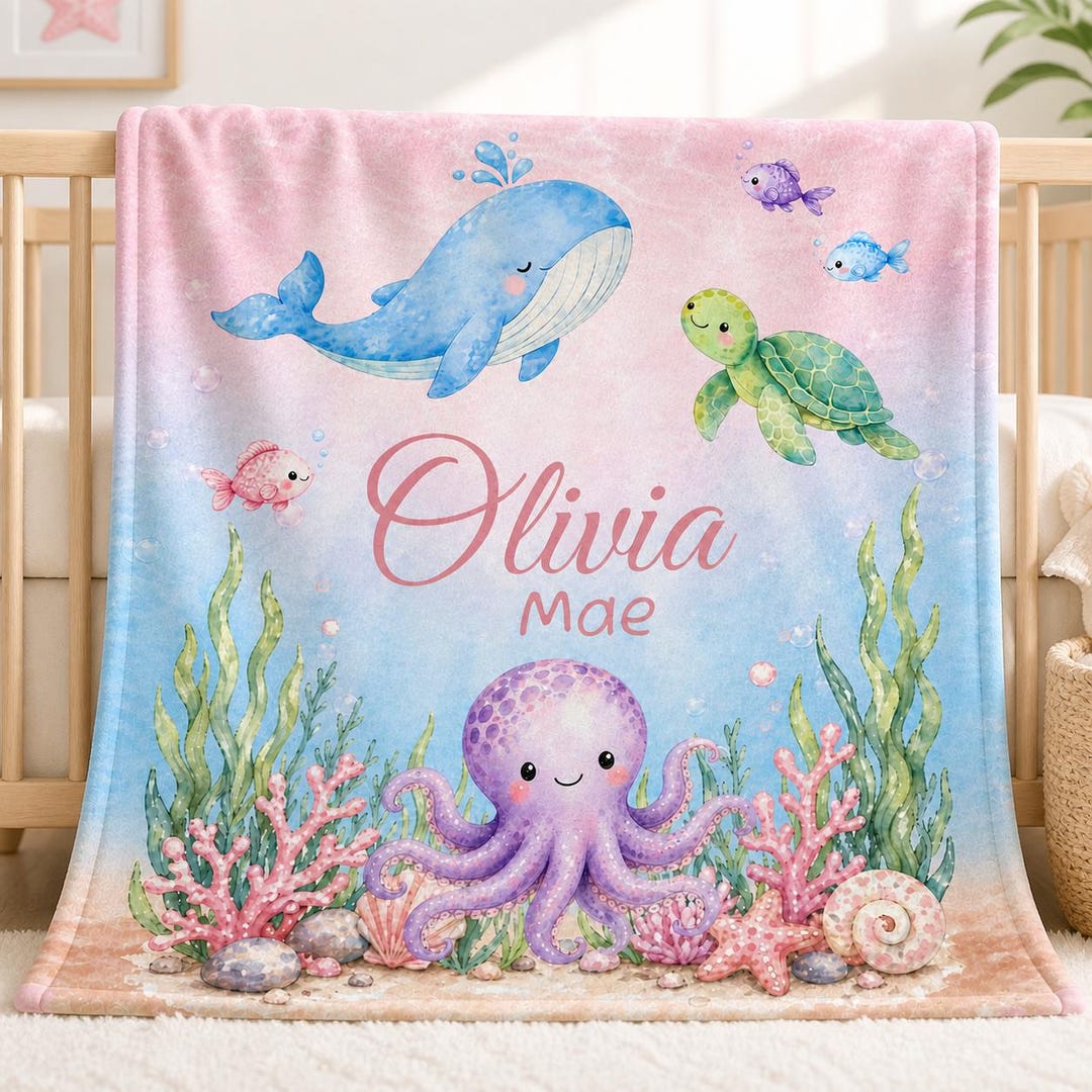 Personalized Ocean Baby Blanket Girl, Whale Turtle Blanket, Custom Name ...