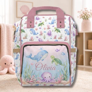 Personalized Ocean Diaper Bag Backpack, Whale Turtle Baby Bag, Custom Name Baby Girl Diaper Bag, Sea Animal Nursery Bag, Baby Shower Gift