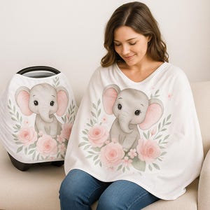 Funda elástica para silla de coche infantil con diseño de elefante. Capota para silla de coche de niña con estampado floral de elefante. Funda de lactancia elástica, ideal como regalo para baby shower.