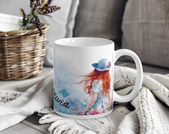 Gepersonaliseerde keramische mok | Roodharige vrouw kunst, aangepaste naam