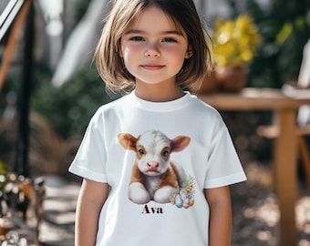 Gepersonaliseerde paas-T-shirt voor kinderen, kuitillustratie, biologisch katoen