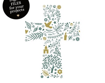 Cross with symbols - green/gold - confirmation, baptism, first communion - digital file