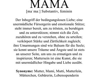May include: A black and white printable graphic design with the word "MAMA" in bold, large font. The text below defines the word "MAMA" as a noun, feminine, and describes the meaning of the word. The text includes the word "Synonyme" and lists synonyms for the word "MAMA".